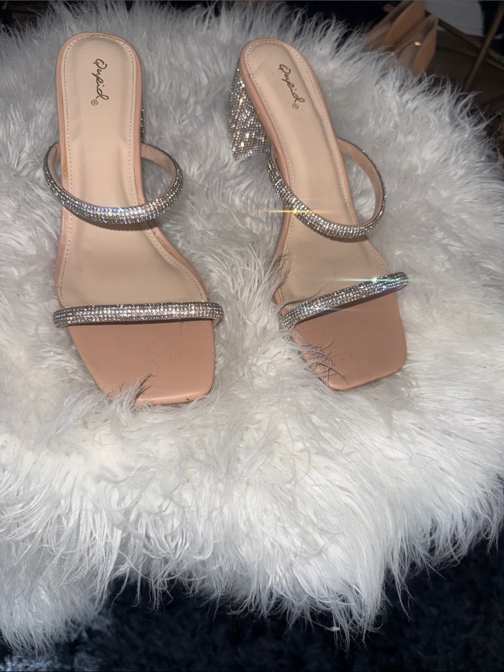 Qupid Nude Rhinestone Double-Strap Block Heel Sandals